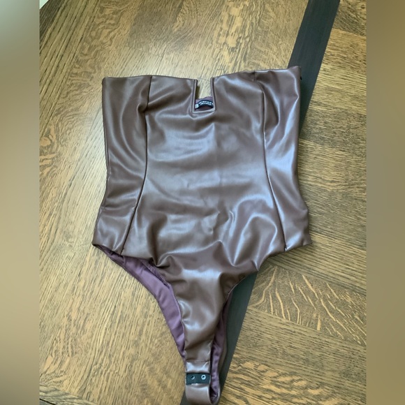ZARA Brown Faux Leather Bodysuit Strapless Blogger Piece Size Medium BRAND NEW - Picture 9 of 12